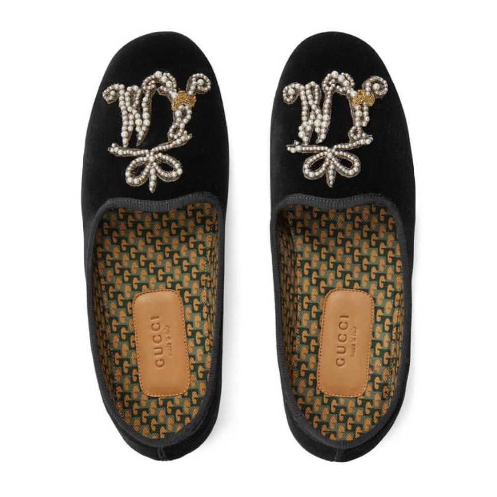 Gucci Black Velvet Am Appliqué Loafers Flats - Picture 4 of 9
